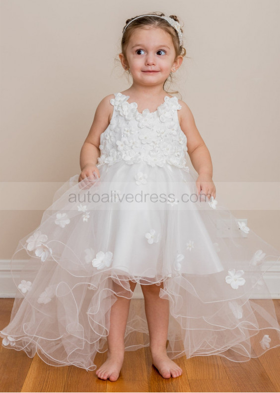 Beaded White Floral Tulle High Low Flower Girl Dress